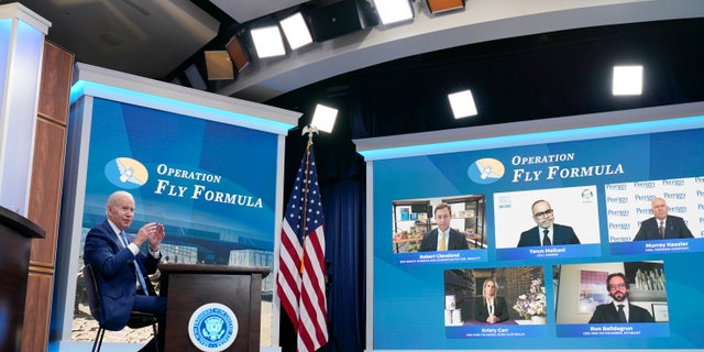 President Joe Biden meets virtually with infant formula manufacturers from the South Court Auditorium on the White House complex in Washington, Wednesday, June 1, 2022, as his administration works to ease nationwide shortages by importing foreign supplies and using the Defense Production Act to speed domestic production. (AP Photo/Susan Walsh)