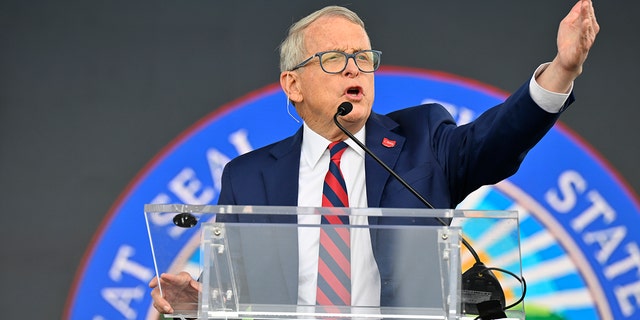Ohio Gov. Mike DeWine speaks during a press conference, Thursday, June 2, 2022, in Avon Lake, Ohio. 