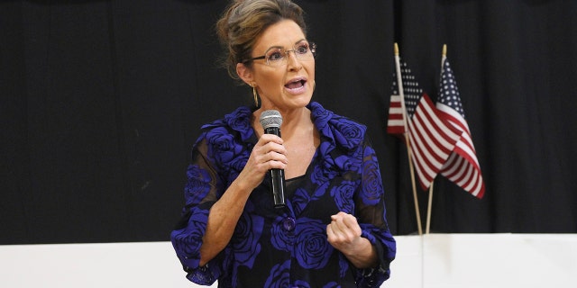 Sarah Palin, a Republican seeking the sole U.S. House seat in Alaska, addresses supporters Thursday, June 2, 2022, in Anchorage, Alaska.