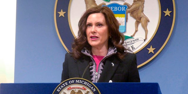 Michigan Gov. Gretchen Whitmer speaks at a news conference on Friday, March 11, 2022, at the governor's office in Lansing, Mich. 