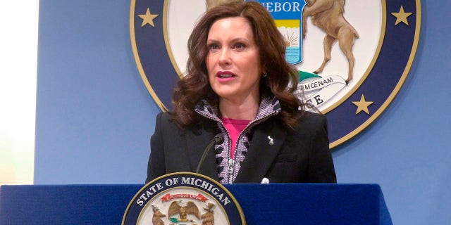 Michigan Gov. Gretchen Whitmer speaks at a news conference on Friday, March 11, 2022, at the governor's office in Lansing, Mich. 