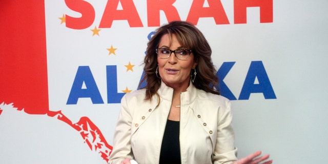 Former Alaska Gov. Sarah Palin addresses supporters at the opening of her new campaign headquarters in Anchorage, Alaska, on Wednesday, April 20, 2022. 