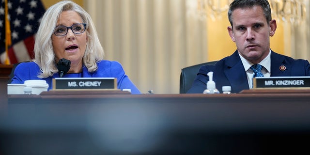 Vice Chair Liz Cheney, R-Wyo., gives her opening remarks as the House select committee investigating the Jan. 6 attack on the U.S. Capitol holds its first public hearing to reveal the findings of a year-long investigation, at the Capitol in Washington, Thursday, June 9, 2022. Rep. Adam Kinzinger, R-Ill., listens at right. (AP Photo/Andrew Harnik)