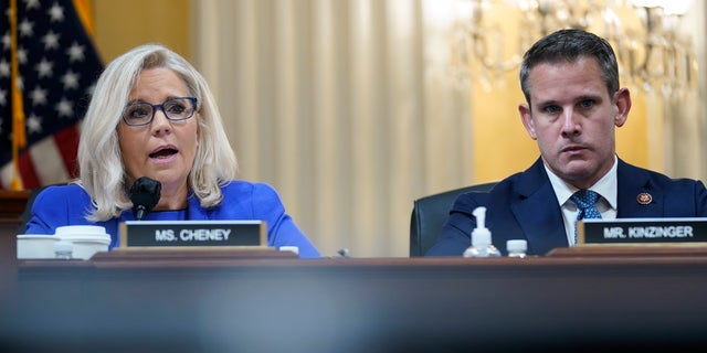 Vice Chair Liz Cheney, R-Wyo., gives her opening remarks as the House select committee investigating the Jan. 6 attack on the U.S. Capitol holds its first public hearing to reveal the findings of a yearlong investigation, at the Capitol in Washington, D.C., on June 9, 2022. Rep. Adam Kinzinger, R-Ill., listens at right.