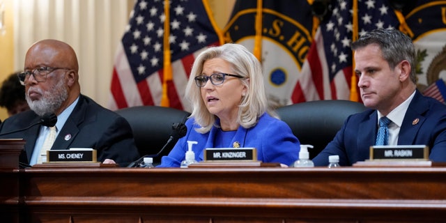 Vice Chair Liz Cheney, R-Wyo., gives her opening remarks as Committee Chairman Rep. Bennie Thompson, D-Miss., left, and Rep. Adam Kinzinger, R-Ill., look on, as the House select committee investigating the Jan. 6 attack on the U.S. Capitol holds its first public hearing to reveal the findings of a year-long investigation, at the Capitol in Washington, Thursday, June 9, 2022. (AP Photo/J. Scott Applewhite)