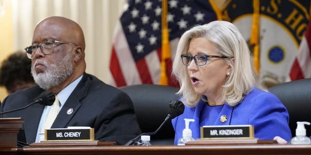 Vice Chair Liz Cheney, R-Wyo., gives her opening remarks as Committee Chairman Rep. Bennie Thompson, D-Miss., left, looks on, during a first hearing of the House select committee investigating the Jan. 6 attack. (AP Photo/J. Scott Applewhite)