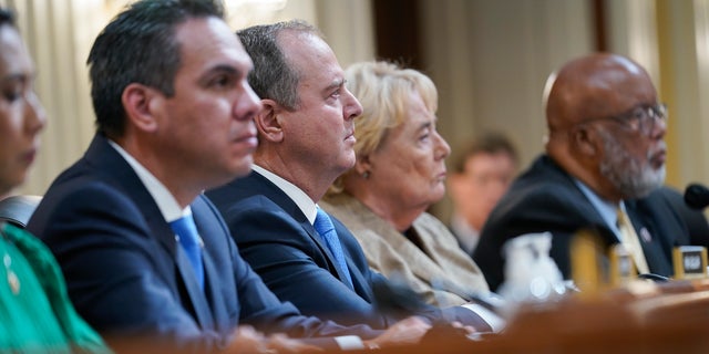 From left to right, Rep. Stephanie Murphy, D-Fla., Rep. Pete Aguilar, D-Calif., Rep. Adam Schiff, D-Calif., Rep. Zoe Lofgren, D-Calif., and Chairman Bennie Thompson, D-Miss., listen as the House select committee investigating the Jan. 6 attack on the U.S. Capitol holds its first public hearing to reveal the findings of a year-long investigation, on Capitol Hill, Thursday, June 9, 2022, in Washington.