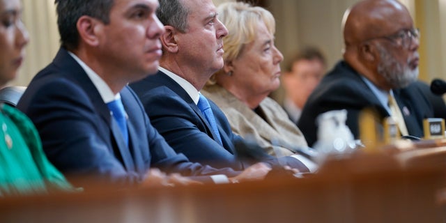 From left: Rep. Stephanie Murphy, D-Fla.; Rep. Pete Aguilar, D-Calif.; Rep. Adam Schiff, D-Calif.; Rep. Zoe Lofgren, D-Calif.; and Chairman Bennie Thompson, D-Miss., listen as the House select committee investigating the Jan. 6 attack on the U.S. Capitol holds its first public hearing to reveal the findings of a yearlong investigation in Washington, D.C., on, June 9, 2022.