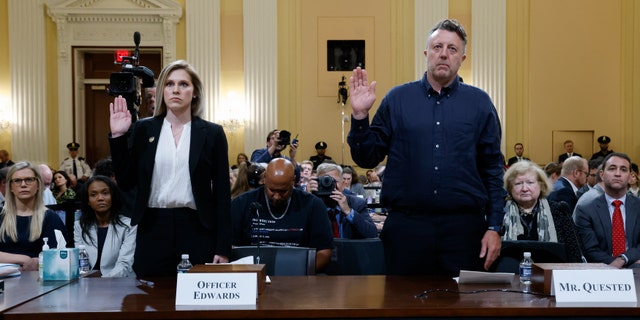 U.S. Capitol Police officer Caroline Edwards, left, and British filmmaker Nick Quested, are sworn in as the House select committee investigating the Jan. 6 attack on the U.S. Capitol holds its first public hearing to reveal the findings of a year-long investigation, on Capitol Hill in Washington, Thursday, June 9, 2022. (Jonathan Ernst/Pool via AP)