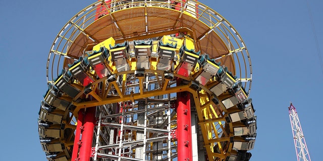 FILE - The Orlando Free Fall drop tower in ICON Park in Orlando is pictured on Monday, March 28, 2022. A Missouri teenager died of blunt force trauma after falling from the 430-foot (130-meter) Florida drop-tower amusement park ride, according to an autopsy released Monday, June 13, 2022. 