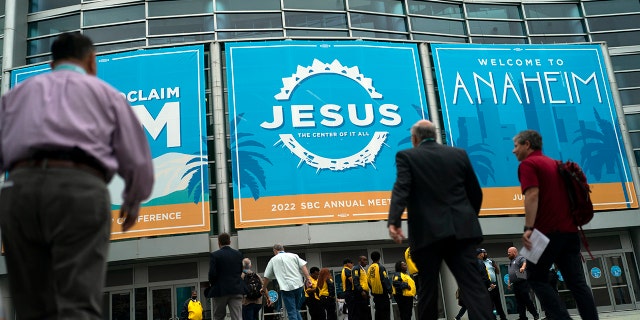 Attendees will arrive at the Southern Baptist Convention's annual meeting in Anaheim, California, on Tuesday, June 14, 2022. 