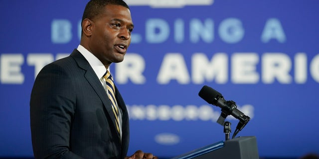 Environmental Protection Agency administrator Michael Regan speaks at North Carolina Agricultural and Technical State University, in Greensboro, N.C., April 14, 2022. 