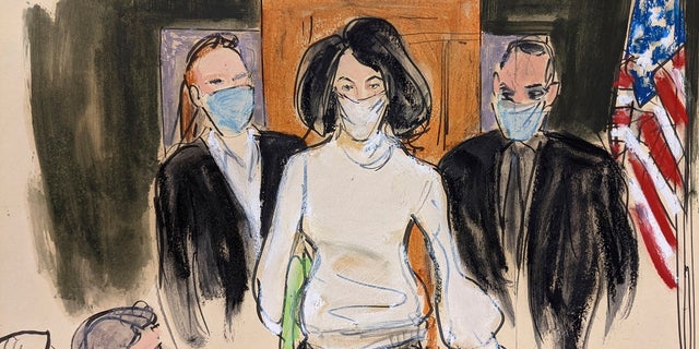 In this court sketch, Ghislaine Maxwell enters a court escorted by the United States Marshals Service on November 29, 2021 at the beginning of her trial in New York.