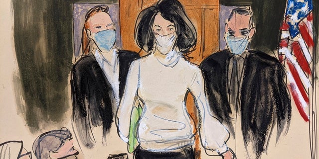 In this court sketch, Ghislaine Maxwell enters a court escorted by the United States Marshals Service on November 29, 2021 at the beginning of her trial in New York.