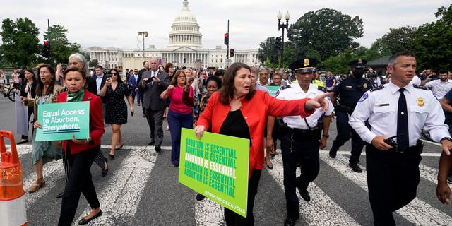 Members of the House of Representatives walk from the Capitol to the Supreme Court to protest the abortion decision, Friday, June 24, 2022.
