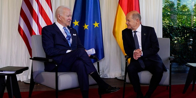 President Joe Biden and German Chancellor Olaf Scholz speak during a bilateral meeting at the G7 Summit in Elmau, Germany, Sunday, June 26, 2022. Biden is in Germany to attend the Group of Seven summit of leaders of the world's major industrialized nations. (AP Photo/Susan Walsh)