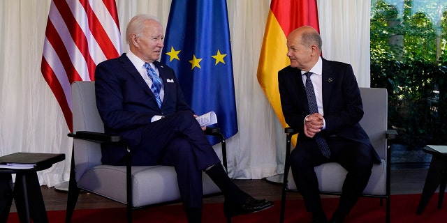 President Joe Biden and German Chancellor Olaf Scholz speak during a bilateral meeting at the G7 Summit in Elmau, Germany, Sunday, June 26, 2022. Biden is in Germany to attend the Group of Seven summit of leaders of the world's major industrialized nations. (AP Photo/Susan Walsh)
