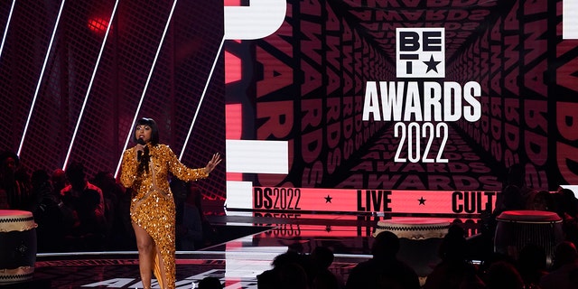 Host Taraji P. Henson speaks at the BET Awards on Sunday, June 26, 2022, at the Microsoft Theater in Los Angeles.