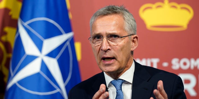 NATO Secretary General Jens Stoltenberg speaks during a meeting with U.S. President Joe Biden at the NATO summit in Madrid, Spain on Wednesday, June 29, 2022. North Atlantic Treaty Organization heads of state and government will meet for a NATO summit in Madrid from Tuesday through Thursday.
