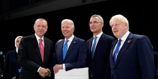 From left to right, at the roundtable meeting at the NATO summit held in Madrid, Spain on Wednesday, June 29, 2022, Turkey's President Legep Typ Erdogan, US President Joe Biden, and NATO's Jens Stortemberg. Secretary-General, British Prime Minister Boris Johnson poses for the photographer. 