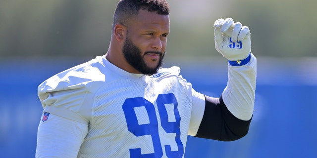 Aaron Donald #99 of the Los Angeles Rams looks on during mini camp on June 8, 2022 at the team's facility at California Lutheran University in Thousand Oaks, California.