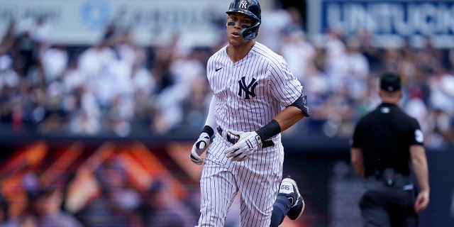 The New York Yankees' Aaron Judge runs the bases after hitting a solo home run off Detroit Tigers starting pitcher Beau Brieske in the first inning of a game Saturday, Junie 4, 2022, In New York.