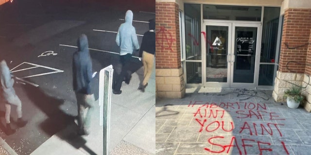 Suspected vandals outside pro-life center in Lynchburg, Virginia. The Blue Ridge Pregnancy Center was vandalized following Supreme Court overturning Roe. v. Wade. 