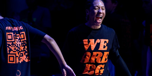 Ariel Powers of the Minnesota Lynx wears a shirt in support of Brittany Griner during the introduction for the team's WNBA basketball game against the Seattle Storm on Tuesday, June 14, 2022 in Minneapolis.