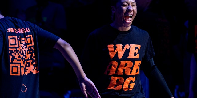 Minnesota Lynx's Aerial Powers wears a shirt in support of Brittney Griner during introductions for the team's WNBA basketball game against the Seattle Storm on Tuesday, June 14, 2022, in Minneapolis.