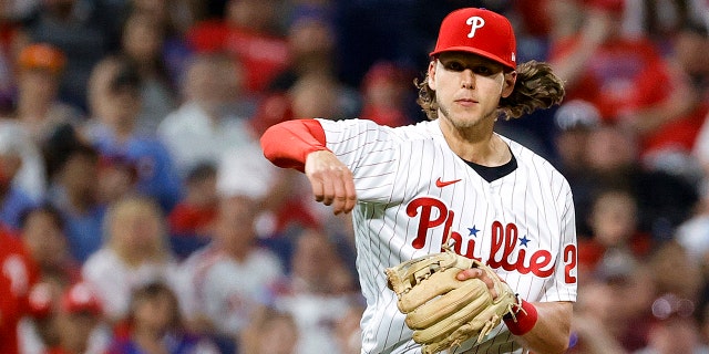 Alec Bohm of the Philadelphia Phillies throws to first base during the seventh inning against the Los Angeles Angels at Citizens Bank Park June 4, 2022, in Philadelphia.