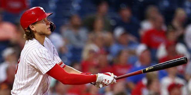 Alec Bohm of the Philadelphia Phillies in action during a game against the San Francisco Giants at Citizens Bank Park May 31, 2022, in Philadelphia. 