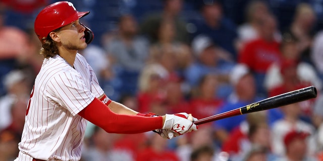 Alec Bohm of the Philadelphia Phillies in action during a game against the San Francisco Giants at Citizens Bank Park May 31, 2022, in Philadelphia.