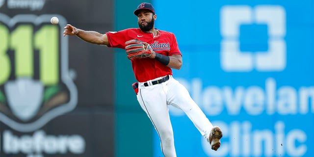 Cleveland Guardians shortstop Amed Rosario throws out Minnesota Twins' Gilberto Celestino at first base during the third inning of a baseball game Wednesday, June 29, 2022, in Cleveland. 