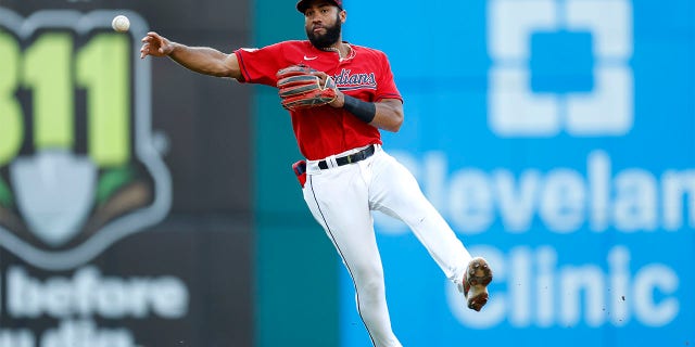Cleveland Guardians shortstop Amed Rosario throws out Minnesota Twins' Gilberto Celestino at first base during the third inning of a baseball game Wednesday, June 29, 2022, in Cleveland.