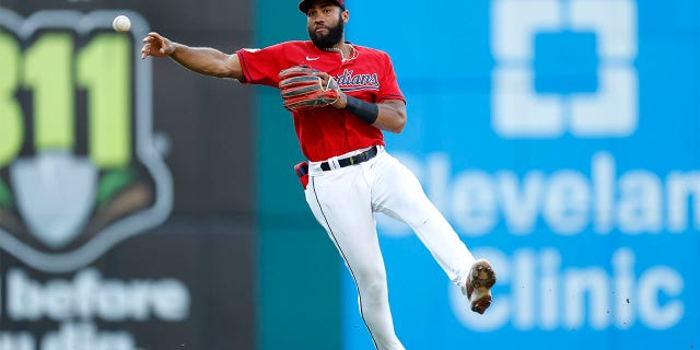 Cleveland Guardians shortstop Amed Rosario throws out Minnesota Twins' Gilberto Celestino at first base during the third inning of a baseball game Wednesday, June 29, 2022, in Cleveland. 