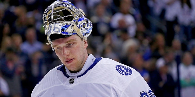 Andrei Vasilevskiy (88) of the Tampa Bay Lightning keeps loose during a stoppage in play in Game 4 of the Eastern Conference first round of the 2019 NHL Stanley Cup Playoffs April 16, 2019, at Nationwide Arena in Columbus, Ohio.