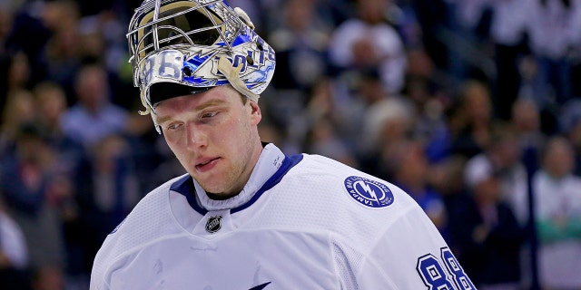 Andrei Vasilevskiy (88) of the Tampa Bay Lightning keeps loose during a stoppage in play in Game 4 of the Eastern Conference first round of the 2019 NHL Stanley Cup Playoffs April 16, 2019, at Nationwide Arena in Columbus, Ohio.