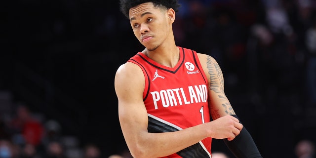 Anfernee Simons of the Portland Trail Blazers reacts against the Denver Nuggets during the second quarter at Moda Center Feb. 27, 2022 in Portland Oregon.