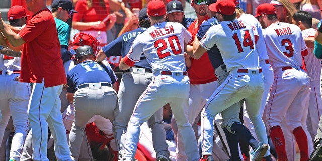Jun 26, 2022; Anaheim, California, USA;  The Los Angeles Angels and Seattle Mariners cleared the benched during a brawl in the second inning at Angel Stadium.
