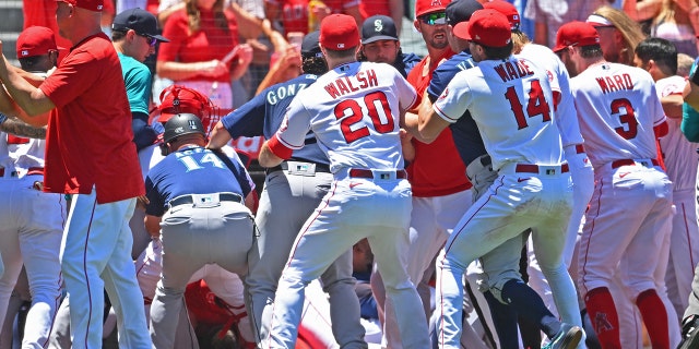 Jun 26, 2022; Anaheim, California, USA;  The Los Angeles Angels and Seattle Mariners cleared the benched during a brawl in the second inning at Angel Stadium.