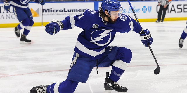 Anthony Cirelli #71 of the Tampa Bay Lightning celebrates a goal against the Colorado Avalanche during the first period in Game Four of the 2022 Stanley Cup Final at Amalie Arena on June 22, 2022 in Tampa, Florida.