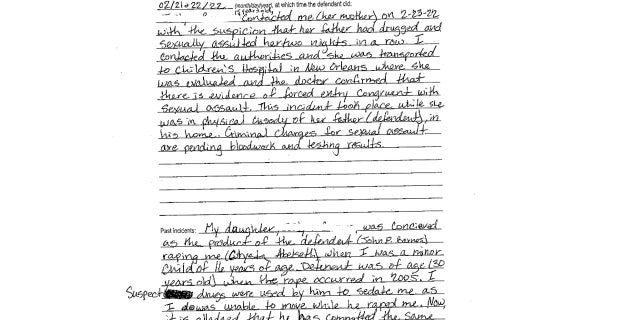 A screenshot of a court document showing Crysta Abelseth's handwritten application for a restraining order filed Feb. 25, 2022, accusing John Barnes of allegedly sexually assaulting their daughter. A hearing officer determined that there was no "medical evidence" to support the allegation.