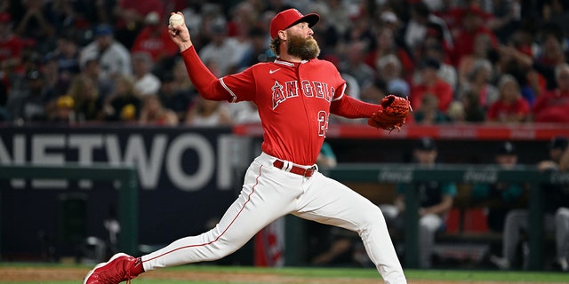 Los Angeles Angels pitcher Archie Bradley, #23, pitching in the sixth inning of an MLB baseball game against the Seattle Mariners played on June 25, 2022 at Angel Stadium in Anaheim, QUE.