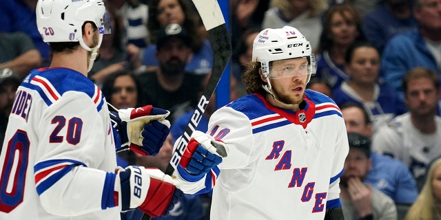 New York Rangers left winger Artemi Panarin celebrates his goal against the Lightning during the Stanley Cup playoffs in Tampa on Tuesday, June 7, 2022.