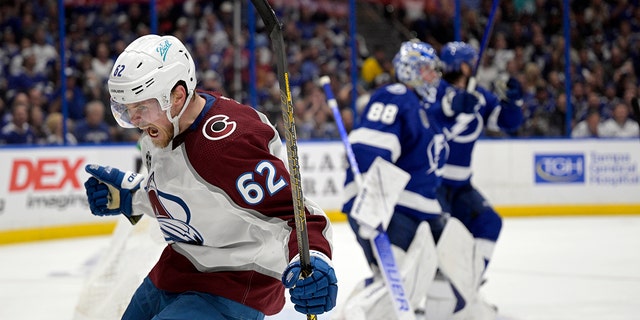 Colorado Avalanche left wing Artturi Lehkonen (62) reacts after scoring on Tampa Bay Lightning goaltender Andrei Vasilevskiy (88) during the second period of Game 6 of the NHL hockey Stanley Cup Finals on Sunday, June 26, 2022, in Tampa, Fla. 
