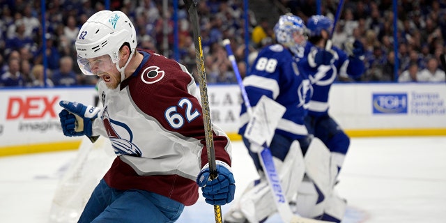 Colorado Avalanche left wing Artturi Lehkonen (62) reacts after scoring on Tampa Bay Lightning goaltender Andrei Vasilevskiy (88) during the second period of Game 6 of the NHL hockey Stanley Cup Finals on Sunday, June 26, 2022, in Tampa, Fla. 