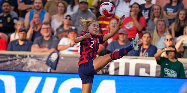 U.S. midfielder Ashley Sanchez plays the ball against Colombia during the first half of an international friendly soccer match Tuesday, June 28, 2022, in Sandy, Utah. 