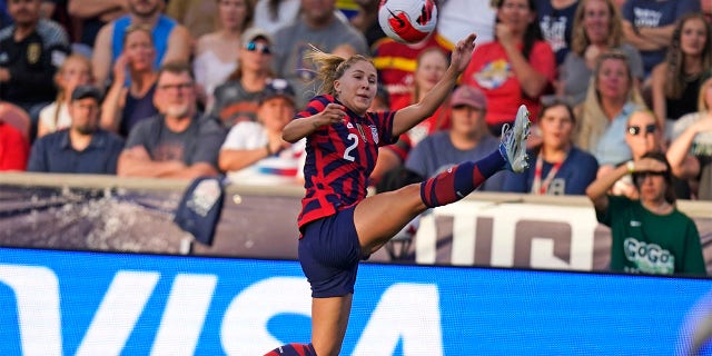 U.S. midfielder Ashley Sanchez plays the ball against Colombia during the first half of an international friendly soccer match Tuesday, June 28, 2022, in Sandy, Utah.