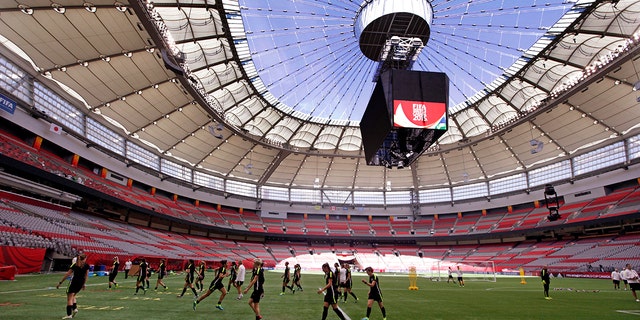 American players practice during the Women's World Cup Football Final under the open terrace of BC Place on July 4, 2015 in Vancouver, British Columbia, Canada.