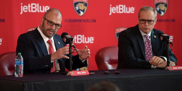 Bill Zito, left, general manager of the Florida Panthers, and Paul Maurice, new head coach of the Panthers, take questions during an NHL hockey news conference at FLA Live Arena, Friday, June 23, 2022, in Sunrise, Fla.